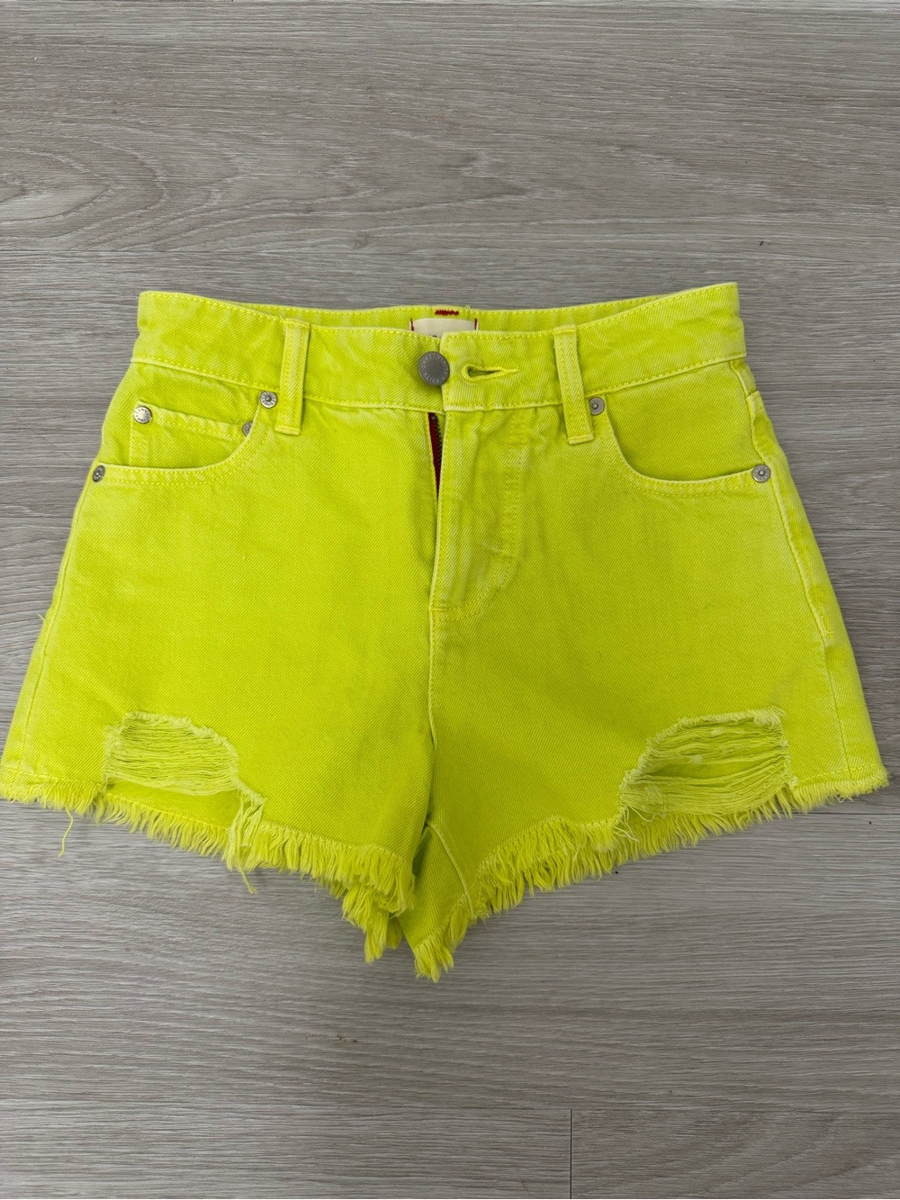Alice + Olivia Neon Yellow Distressed Denim Shorts